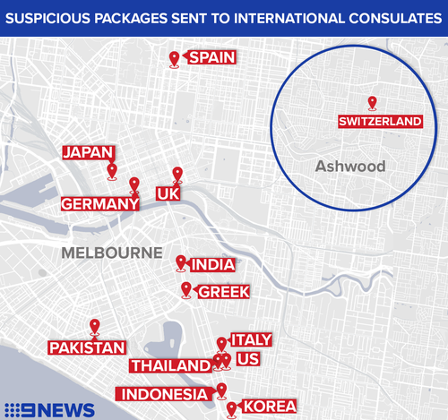 Suspicious packages were sent to a number of Consulates across Melbourne.