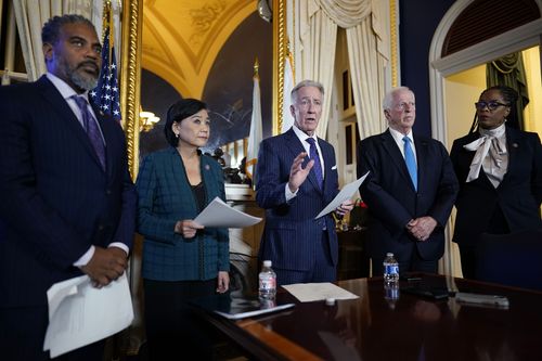 House Ways and Means Committee Chairman Richard Neal, D-Mass., talks to the media after the House Ways & Means Committee voted on whether to publicly release years of former President Donald Trump's tax returns during a hearing on Capitol Hill in Washington, Tuesday, Dec. 20, 2022. (L-R) Rep. Steven Horsford, D-NV., Rep. Judy Chu, D-Calif., Neal, Rep. Mike Thompson, D-Calif., and Del. Stacey Plaskett, D-Virgin Islands.