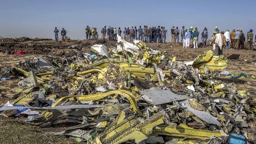 Wreckage is piled at the crash scene of an Ethiopian Airlines flight involving a Boeing 737 Max 8.