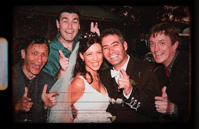 Anthony Field on his wedding day with wife Michaela and bandmates Jeff Fatt, Greg Page and Murray Cook.