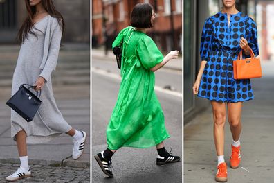 How to style Adidas sneakers with a dress.