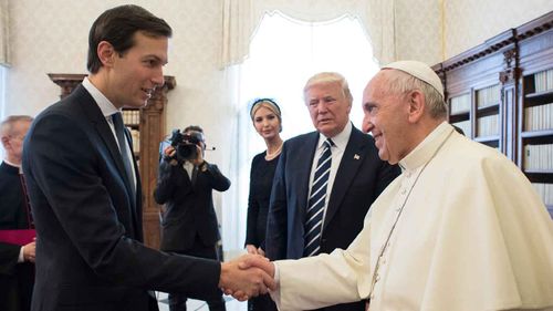 Jared Kushner (left) with his wife Ivanka, Donald Trump and Pope Francis. (AAP)