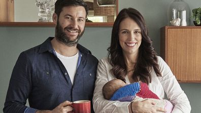 Clarke Gayford and Jacinda Ardern with baby Neve