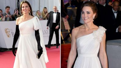 Catherine, Princess of Wales, in Alexander McQueen at the BAFTAs in 2023 (left) and in 2019 (right).