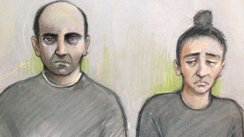 A courtroom sketch of Ouissem Medouni and Sabrina Kouider. (Elizabeth Cook/PA)