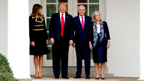 President Donald Trump and first lady Melania Trump greet Australian Prime Minister Malcolm Turnbull and Lucy Turnbull. (AAP)
