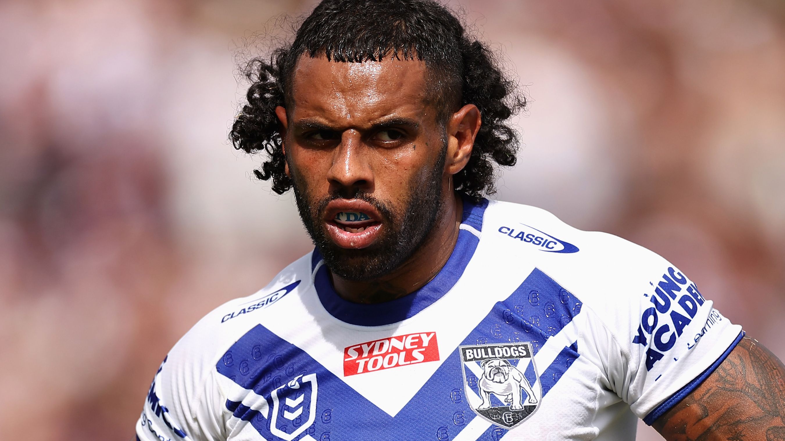 SYDNEY, AUSTRALIA - MARCH 04: Josh Addo-Carr of the Bulldogs looks on during the round one NRL match between the Manly Sea Eagles and the Canterbury Bulldogs at 4 Pines Park on March 04, 2023 in Sydney, Australia. (Photo by Cameron Spencer/Getty Images)