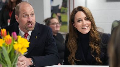 CARDIFF, UNITED KINGDOM - MARCH 15: Britain's Prince William, Prince of Wales, Patron of the Welsh Rugby Union (WRU), and Catherine, Princess of Wales, Patron of the Rugby Football Union (RFU), meet injured players who are supported by the Welsh Rugby Charitable Trust as they attend the Six Nations match between Wales and England at the Principality Stadium on March 15, 2025 in Cardiff, Wales.  (Photo by Alastair Grant-WPA Pool/Getty Images)