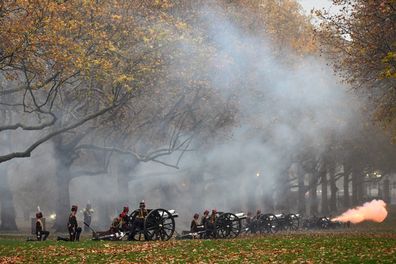 Members of The King's Troop Royal Horse Artillery carry out a 41 Gun Royal Salute to Mark the 75th Birthday of King Charles III at Green Park on November 14, 2023 in London, England 