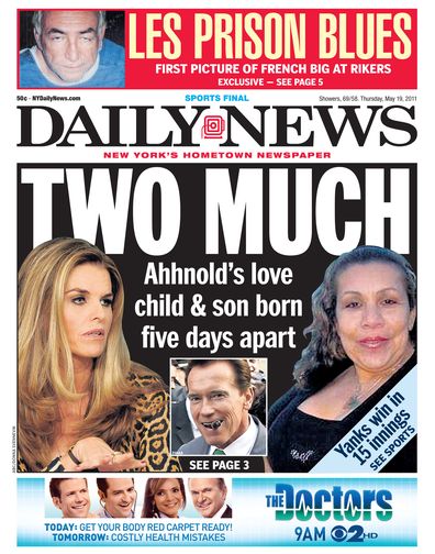 Maria Shriver, Arnold Schwarzenegger and Mildred Baena on the cover of Daily News.