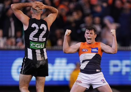 Brett Daniels of the Giants celebrates the win during the Second Preliminary Final match between the Collingwood Magpies and the GWS Giants during in Week 3 of the AFL Finals Series at the MCG in Melbourne.