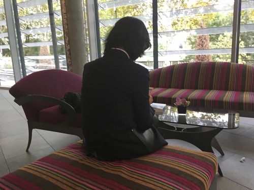 Grace Meng, the wife of missing Interpol President Meng Hongwei, who does not want her face shown, consults her mobile phone in the lobby of a hotel in Lyon, central France, where the police agency is based