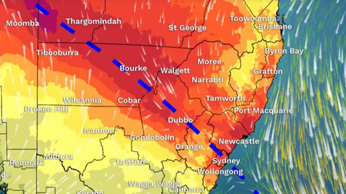 Weather map showing a southerly change in NSW
