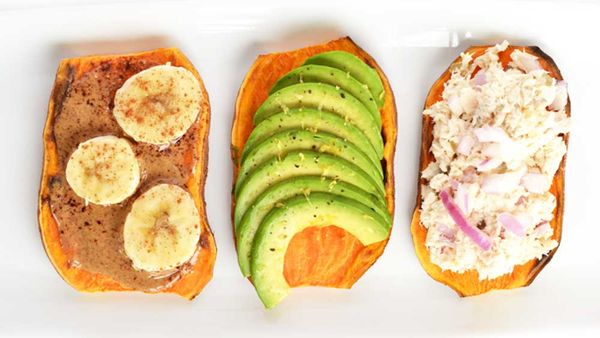 Sweet potato toast with three toppings. Image: littlebitsof.com