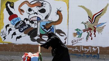 Graffiti on the abandoned Saudi embassy in Yemen.
