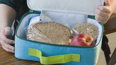 School lunch sandwich and apple in blue cooler bag