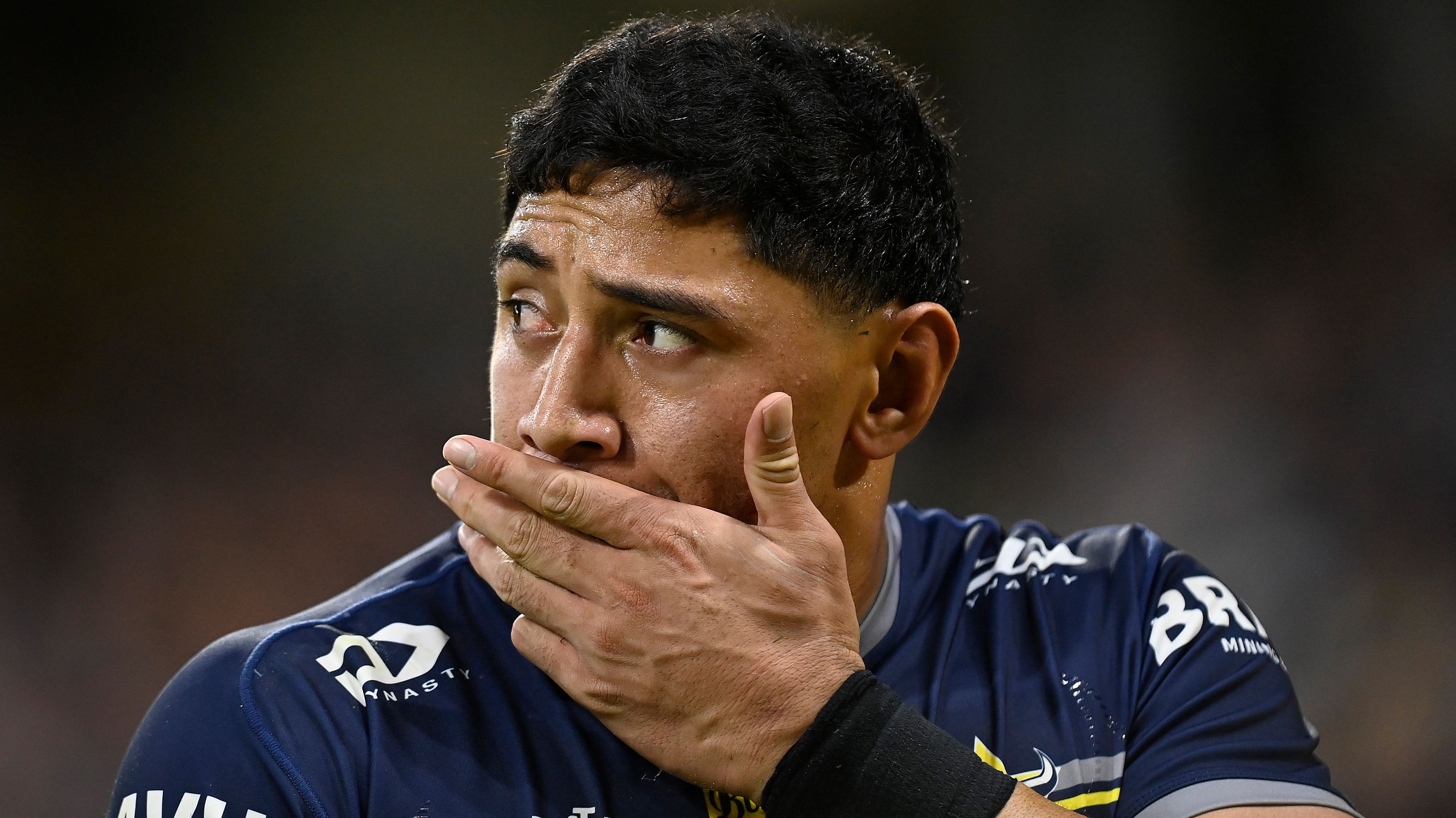 Jason Taumalolo of the Cowboys looks on during the round 18 NRL match between the North Queensland Cowboys and the Cronulla Sharks at Qld Country Bank Stadium, on July 15, 2022, in Townsville, Australia. (Photo by Ian Hitchcock/Getty Images)