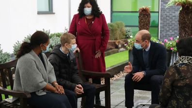 Prince William, Duke of Cambridge speaks to staff and patients to mark the construction of the groundbreaking Oak cancer centre at Royal Marsden Hospital on October 21, 2020 in Sutton, Greater London