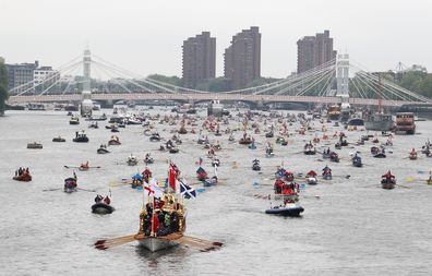 A general view of the Diamond Jubilee Thames River Pageant led by the rowbarge Gloriana on June 3, 2012 in London, England.  