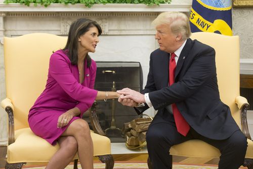 Donald Trump brought the cameras into the White House as he farewelled UN Ambassador Nikki Haley.