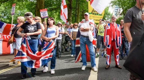 Supporters of Brexit rally during a "UK Unity and Freedom March" on June 23. Picture: CrowdSpark