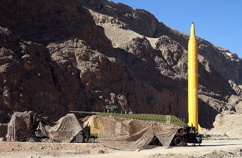 An Iranian long range missile Qadr being prepared before launching at an undisclosed location in Iran, 2016