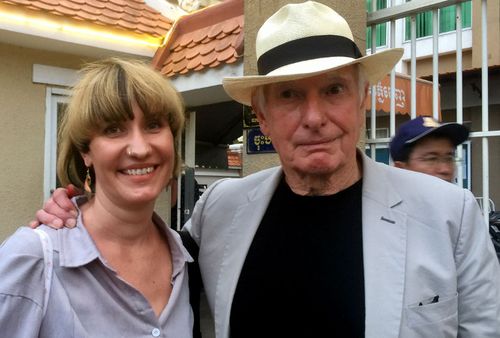 Australian director Peter Weir (right) poses for a photograph with Alex, the partner of Jesse Ricketson, the son of Australian filmmaker James Ricketson, after giving evidence at a court hearing in Phnom Penh, Cambodia.