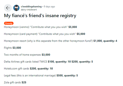 A woman was appalled by this wedding registry list her friend put together.