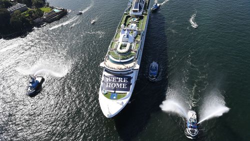 P&O Cruises Australia's flagship Pacific Explorer is led into Sydney Harbour by fire tugs on April 18.