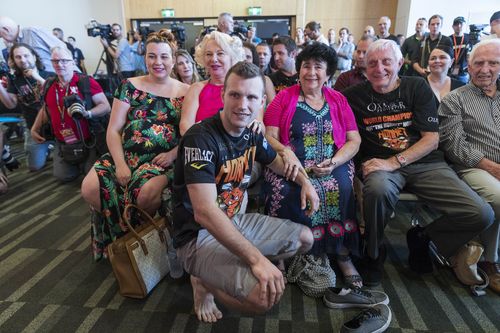 Jeff Horn and his family at the weigh-in yesterday. (AAP)