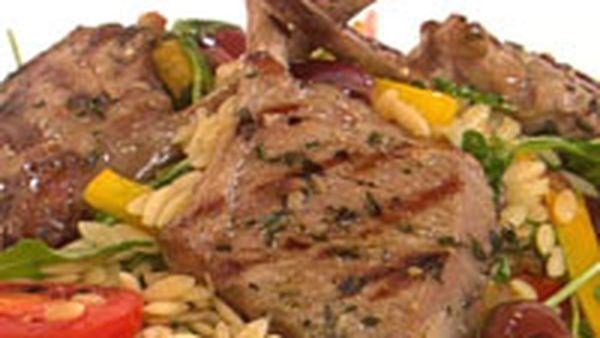 Thyme & garlic lamb with tomato & olive risoni salad