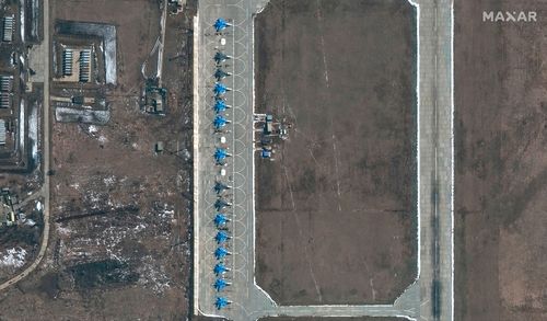 Su-34 fighter jets are seen at the Russian military's Morozovsk airbase, about 160 kilometres east of the Ukrainian border in southern Russia, in a satellite image provided by Maxar Technologies that it said was taken in April 2021, amid a Russian military buildup in the region.