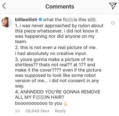 Billie Eilish, Nylon Germany, magazine, Instagram comments