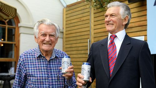 The wax model gives Hawke Lager a whirl. (AAP)