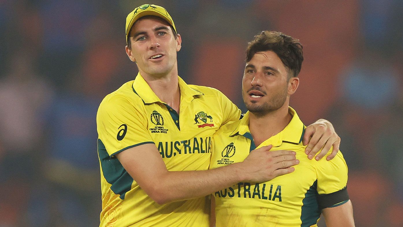 Pat Cummins pictured with Marcus Stoinis during the 2023 Cricket World Cup