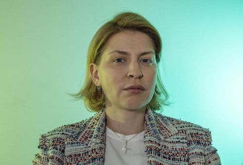 Deputy Prime Minister for European and Euro-Atlantic Integration Olha Stefanishyna, after an interview with The Associated Press, in Kyiv, Ukraine, Wednesday, June 22, 2022. 