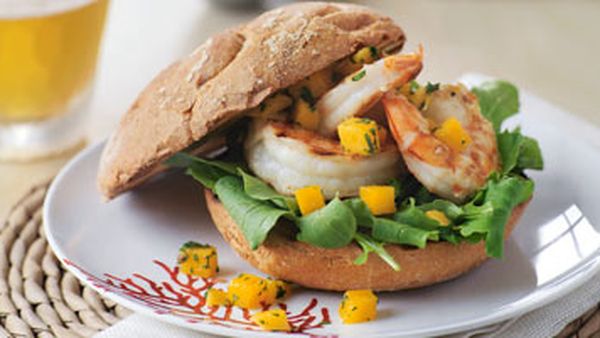 Prawn burgers with rocket & mango relish