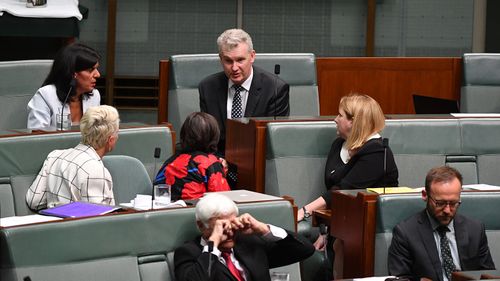 Leader of Opposition Business Tony Burke speaks to crossbenchers on the last day of Parliament.