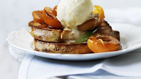 Verjuice apricots with brioche and vanilla ice-cream