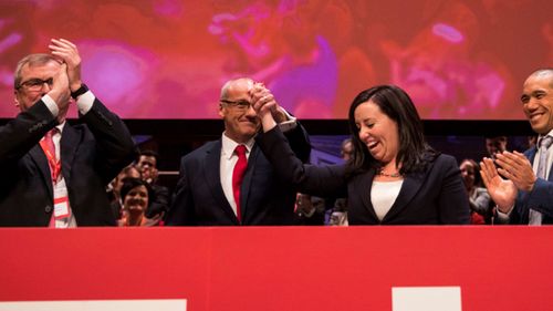 NSW Opposition Leader Luke Foley is congratulated by NSW Labor General Secretary Kaila Murnain during the NSW Labor State Conference held at Town Hall in Sydney on June 30, 2018.