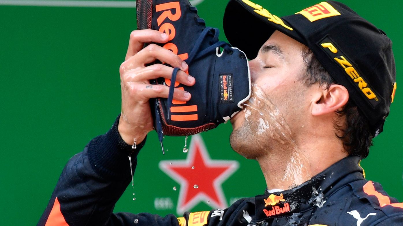 Daniel Ricciardo celebrates F1 victory in trademark style