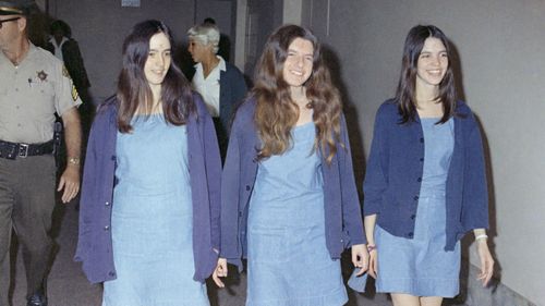 Charles Manson followers, from left: Susan Atkins, Patricia Krenwinkel and Leslie Van Houten, walk to court to appear for their roles in the 1969 cult killings of seven people.