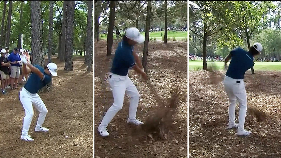 Min Woo Lee took three shots to get out of the pine needles in a disastrous final round of The Players.