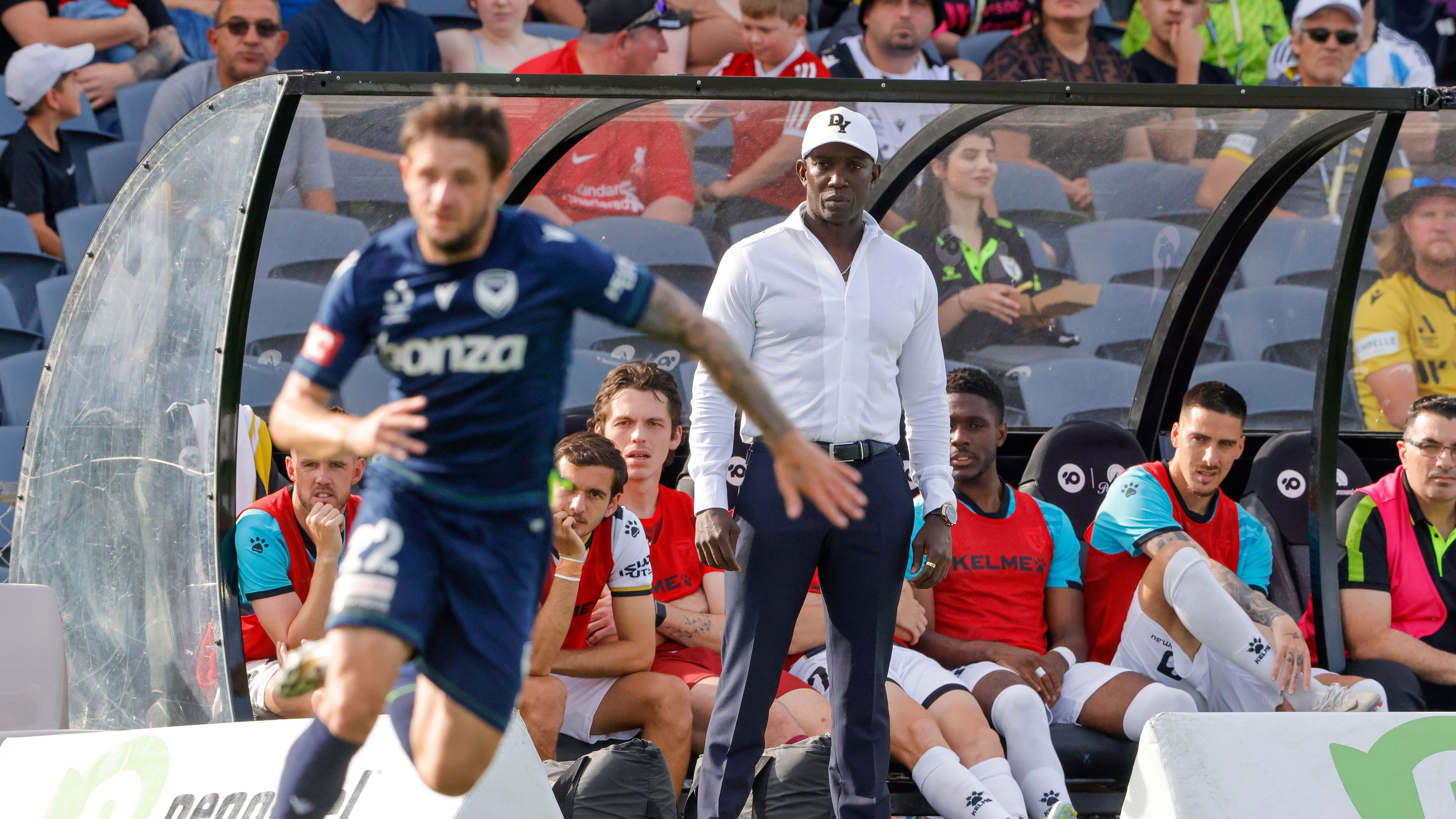 Then Bulls coach Dwight Yorke looks on during the round seven A-League Men&#x27;s match between Macarthur FC and Melbourne Victory. 