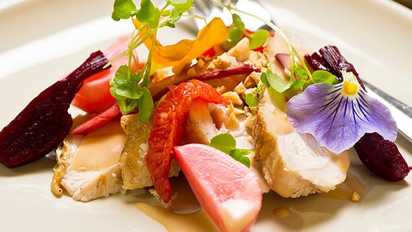 Chicken salad with pickled radishes, rhubarb and orange