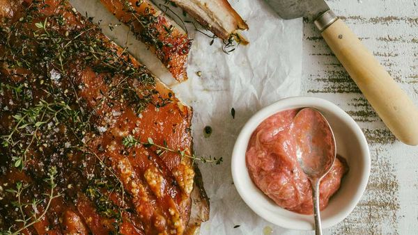 Pork belly with rhubarb apple sauce