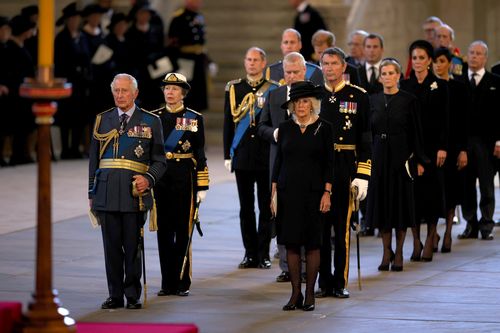 King Charles III, Anne, Princess Royal, Prince Edward, Earl of Wessex, Prince William, Prince of Wales, Prince Andrew, Duke of York, Camilla, Queen Consort, Sir Timothy Laurence, Mr Peter Phillips, Sophie, Countess of Wessex, Catherine, Princess of Wales, Princess Beatrice and Prince Edward, Duke of Kent are seen inside the Palace of Westminster for the Lying-in State of Queen Elizabeth II on September 14, 2022 in London, England. 