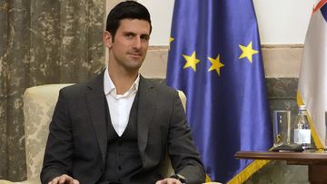 Serbian tennis player Novak Djokovic, left, speaks with Serbia&#x27;s President Aleksandar Vucic in Belgrade, Serbia, Thursday, Feb. 3, 2022. 