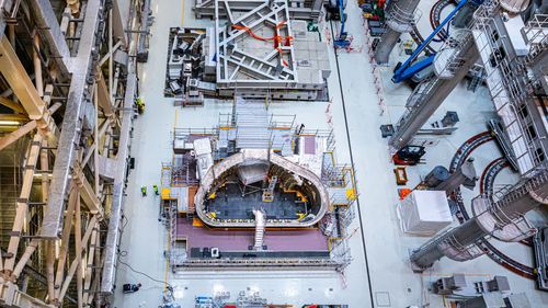 One of nine sectors of the vacuum vessel at ITER, which will soon be hoisted onto giant cranes for assembly.