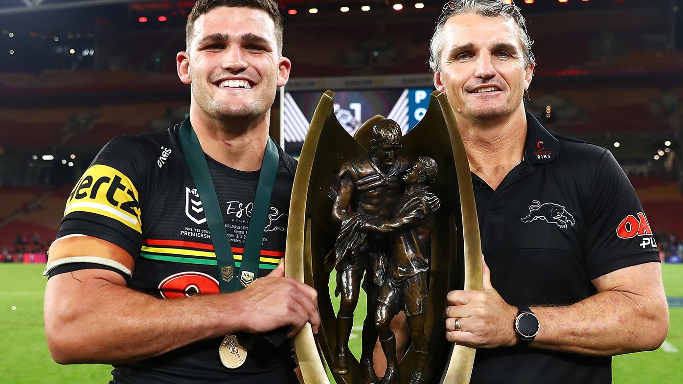 Penrith coach Ivan Cleary with son Nathan after the grand final win over Souths.